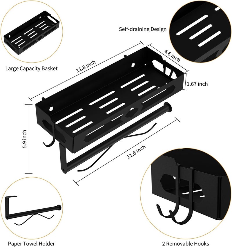GAGUIUP Paper Towel Holder Wall Mount for Kitchen, Easy One-handed Operation Design, Self Adhesive Paper Towel Holder with Shelf for Bathroom, RV Paper Towel Rack Paper Roll Holder with 2 Hooks, Black - Image 3